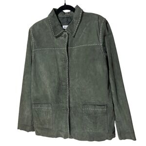 VTG Denim & Co Suede Leather Jacket Contrast Stitch Button Front Green Sz‎ Large